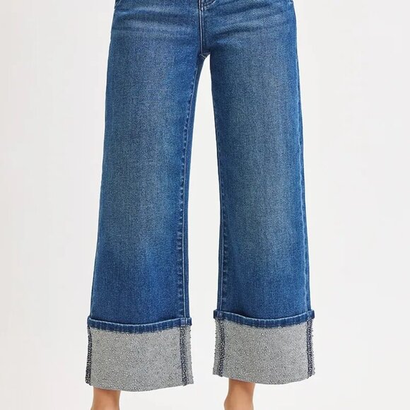 RISEN High Rise Ankle Wide Rhine Stone Cuffed‎ Jeans - Picture 3 of 7